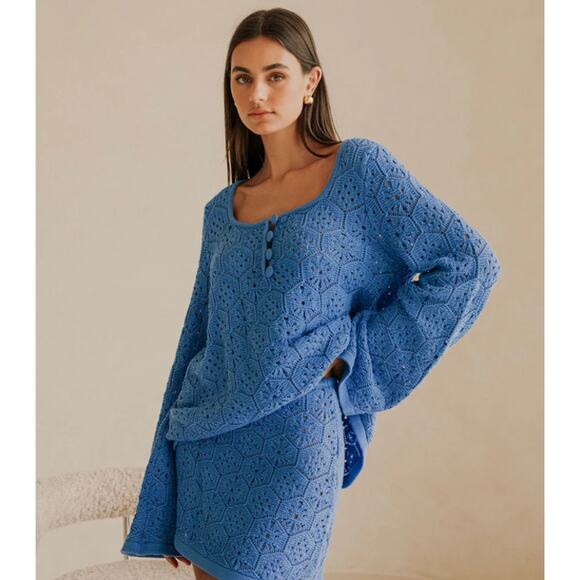 Sabo Sweater Womens XL Alivia Top Blue Crochet Knit Button Front Top Boho Chic - Picture 1 of 13